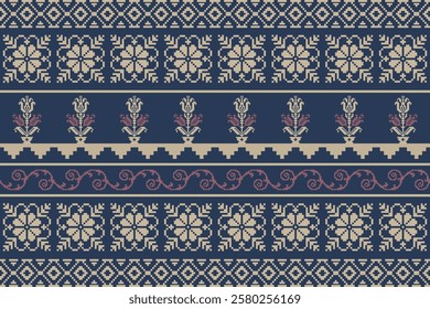 Geometric, seamless,pixel traditional ethnic, thai pattern, fabric pattern for textiles, rugs, wallpaper, clothing, sarong, batik, wrapping, embroidery, print, background, cover, illustration, vector.