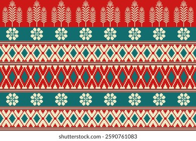 Geometric, seamless,pixel traditional ethnic, thai pattern, fabric pattern for textiles, rugs, wallpaper, clothing, sarong, batik, wrapping, embroidery, print, background, cover, illustration, vector.