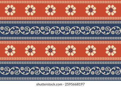 Geometric, seamless,pixel traditional ethnic, thai pattern, fabric pattern for textiles, rugs, wallpaper, clothing, sarong, batik, wrapping, embroidery, print, background, cover, illustration, vector.