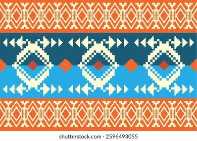 Geometric, seamless,pixel traditional ethnic, thai pattern, fabric pattern for textiles, rugs, wallpaper, clothing, sarong, batik, wrapping, embroidery, print, background, cover, illustration, vector.