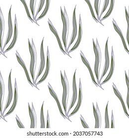 Algas marinas geométricas sin soldadura aisladas sobre fondo blanco. Papel pintado de plantas marinas. Fondo follaje submarino. Diseño para tela, impresión textil, envoltura, cubierta. Ilustración vectorial.