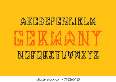 Geometric serif font in timbered house style. Letters with rough texture for logo and signboard design.  Print on yellow background