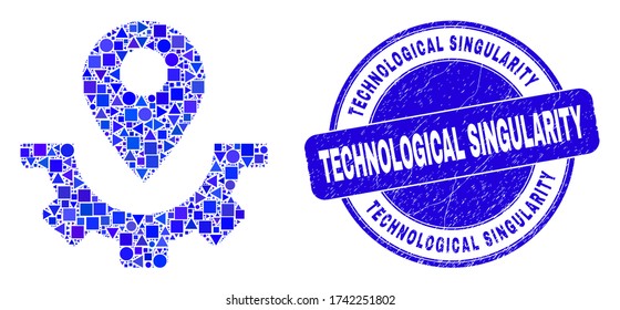 Geometric service map marker mosaic pictogram and Technological Singularity seal stamp. Blue vector round scratched seal stamp with Technological Singularity phrase.