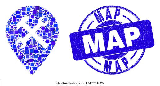 Geometric service map pointer mosaic pictogram and Map seal. Blue vector round grunge seal stamp with Map phrase. Abstract mosaic of service map pointer organized of circle, tringle,