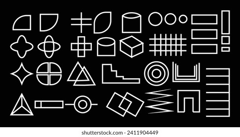 geometric set abstract shapes minimal design. retro line design abstract shapes modern art. Geometry minimalistic artwork vector illustration black geometric shape with black background.