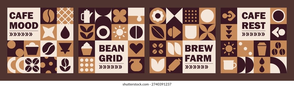 Geometric set cafe mosaic featuring coffee pattern and bakery geometry. Seasonal promotion banners for coffee festivals using a coffee bakery mosaic aesthetic.