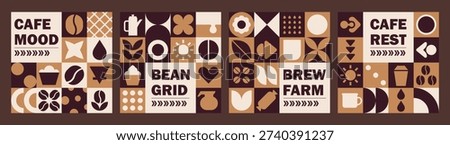 Geometric set cafe mosaic featuring coffee pattern and bakery geometry. Seasonal promotion banners for coffee festivals using a coffee bakery mosaic aesthetic.