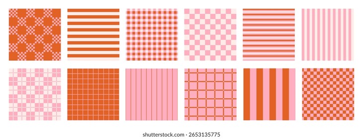 Geometric set checkered and linear backgrounds. Abstract vector seamless pattern. Check, plaid, striped prints. Vector illustration
