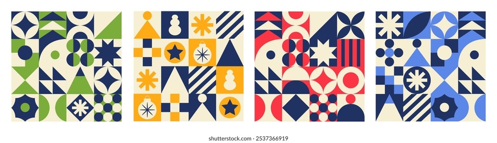 Geometric set colorful seamless patterns. Trendy abstract swiss background. Red, blue, yellow and green colors. Vector illustration