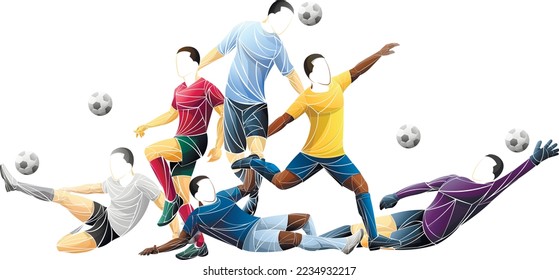 Geometric set of football players on a white background. Blue uniform on athletes vector