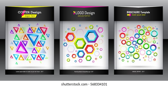 Geometric set of hexagon, triangle and round shapes brochure background. Chaotic colorful report design for cover. Modern pattern flyer. Colorful mixed geometric shapes for folder. Vector eps 10