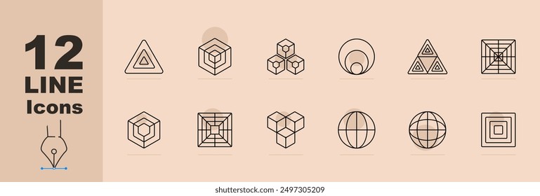 Icono de conjunto geométrico. Triángulo, cubo, hexágono, arcos circulares, triángulos anidados, cuadrícula cuadrada, hexágonos concéntricos, estructura cúbica, esfera, globo, cuadrados en capas