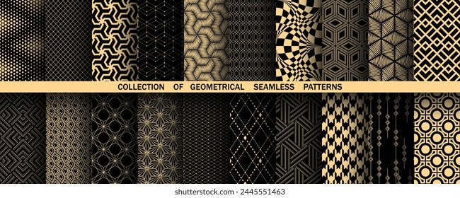 Geometric set of seamless black and gold patterns. Simple vector graphics