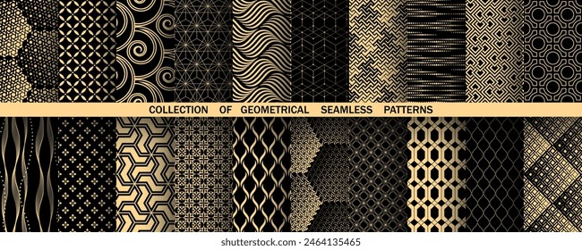 Geometric set of seamless black and golden patterns. Simple vector graphics