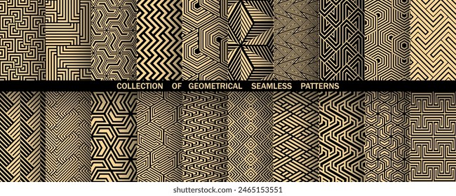 Geometric set of seamless black and golden patterns. Simple vector graphics