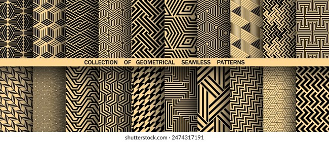 Geometric set of seamless black and golden patterns. Simple vector graphics