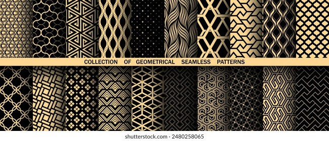 Geometric set of seamless black and golden patterns. Simple vector graphics