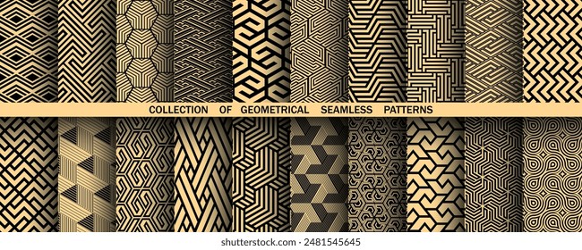Geometric set of seamless black and golden patterns. Simple vector graphics