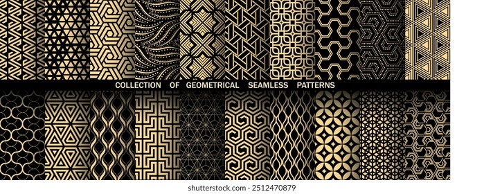 Conjunto geométrico de padrões pretos e dourados sem costura. Gráficos simples vetoriais