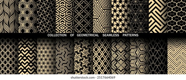Geometric set of seamless black and golden patterns. Simple vector graphics