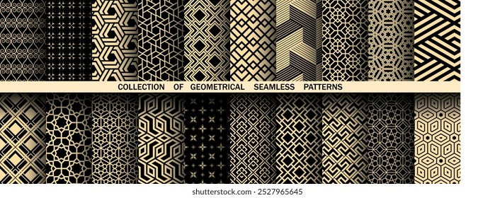 Geometric set of seamless black and golden patterns. Simple vector graphics