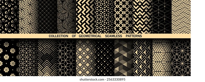 Geometric set of seamless black and golden patterns. Simple vector graphics