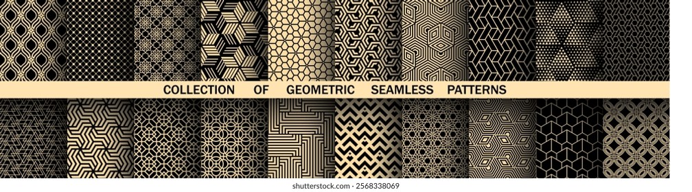 Geometric set of seamless black and golden patterns. Simple vector graphics