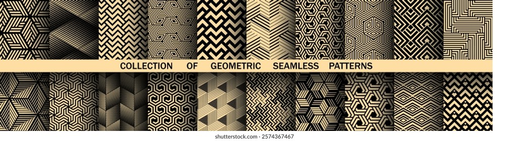 Geometric set of seamless black and golden patterns. Simple vector graphics