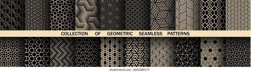 Geometric set of seamless black and golden patterns. Simple vector graphics