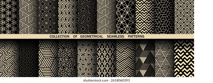 Geometric set of seamless black and golden patterns. Simple vector graphics
