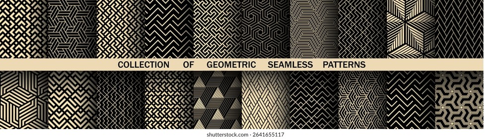 Geometric set of seamless black and golden patterns. Simple vector graphics