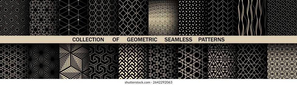 Geometric set of seamless black and golden patterns. Simple vector graphics