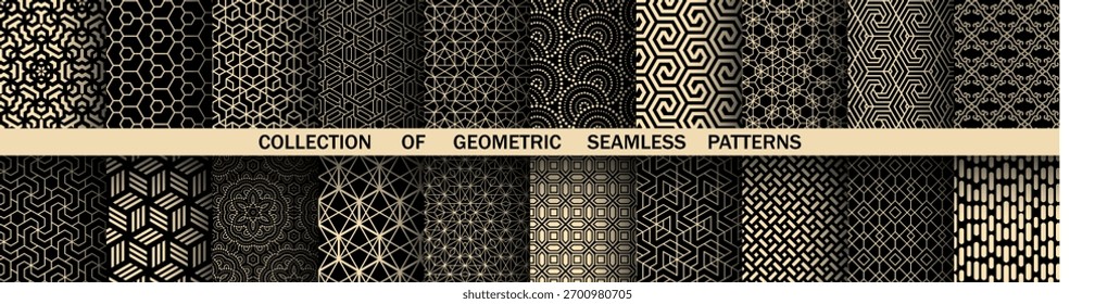 Conjunto geométrico de padrões pretos e dourados sem costura. Gráficos simples vetoriais