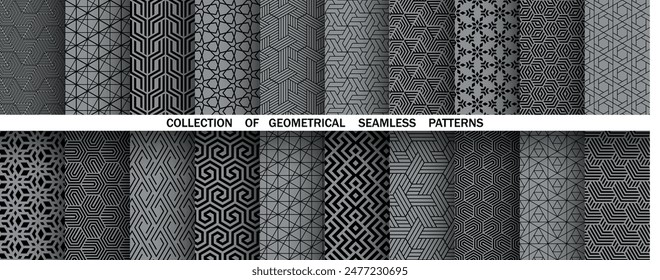 Geometric set of seamless black and gray patterns. Simple vector graphics