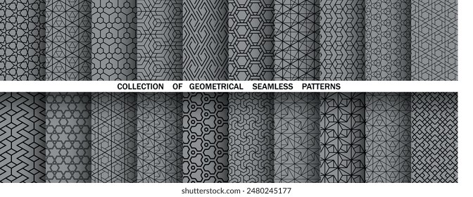 Geometrischer Satz von nahtlosen schwarzen und grauen Mustern. Einfache Vektorgrafik