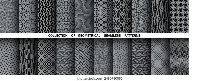 Geometrischer Satz von nahtlosen schwarzen und grauen Mustern. Einfache Vektorgrafik