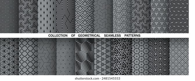 Conjunto geométrico de patrones negros y grises sin fisuras. Gráficos de Vector simples