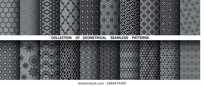 Conjunto geométrico de patrones negros y grises sin fisuras. Gráficos de Vector simples