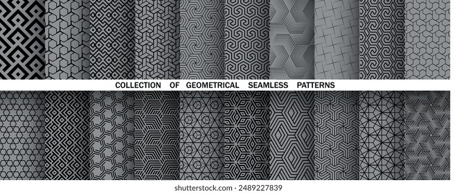 Geometric set of seamless black and gray patterns. Simple vector graphics