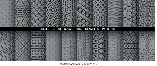 Geometric set of seamless black and gray patterns. Simple vector graphics