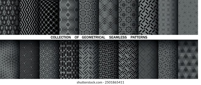 Geometric set of seamless black and gray patterns. Simple vector graphics