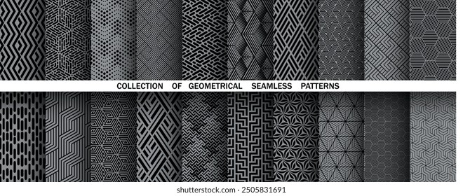 Geometric set of seamless black and gray patterns. Simple vector graphics
