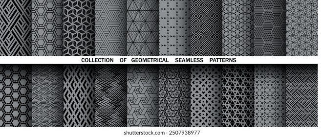 Geometric set of seamless black and gray patterns. Simple vector graphics