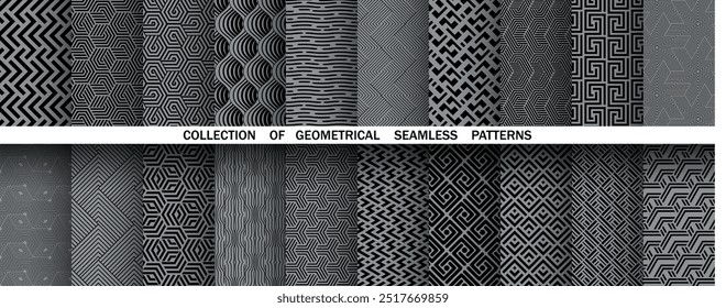 Geometric set of seamless black and gray patterns. Simple vector graphics
