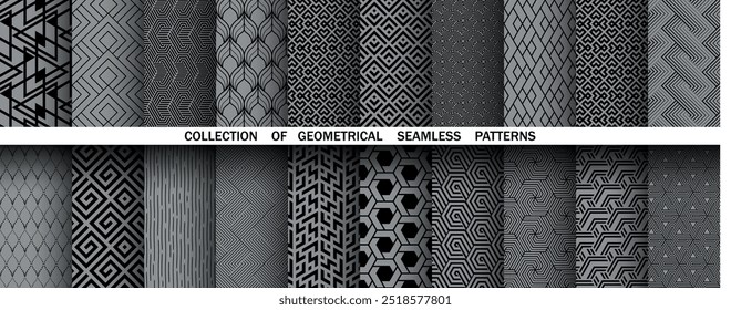 Geometrischer Satz nahtloser schwarzer und grauer Muster. Einfache Vektorgrafiken