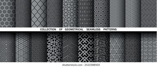 Conjunto geométrico de patrones negros y grises sin costuras. Gráficos de Vector simples