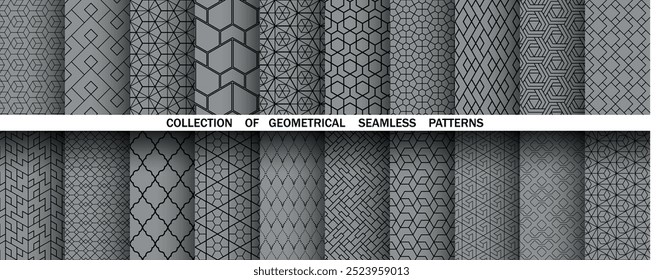 Conjunto geométrico de padrões pretos e cinzentos sem costura. Gráficos simples vetoriais