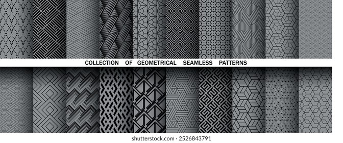 Conjunto geométrico de padrões pretos e cinzentos sem costura. Gráficos simples vetoriais