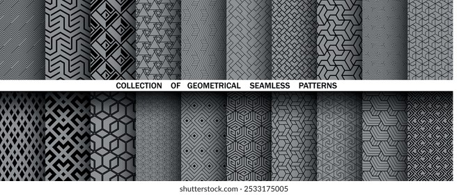 Geometric set of seamless black and gray patterns. Simple vector graphics