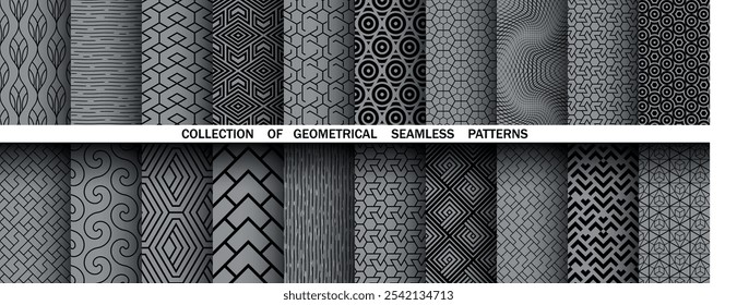 Geometric set of seamless black and gray patterns. Simple vector graphics